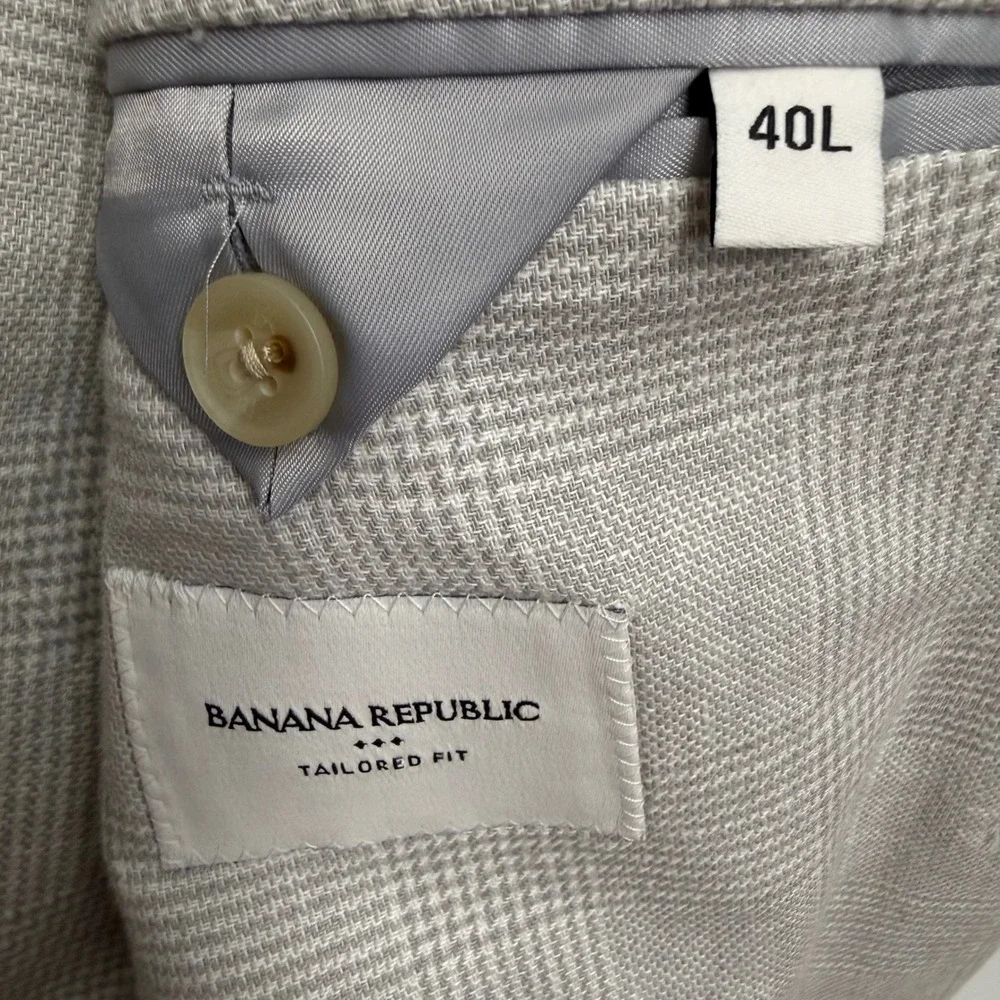 Banana Republic Mens 40L Grey Linen Cotton Glen Plaid Tailored Fit Blazer Jacket